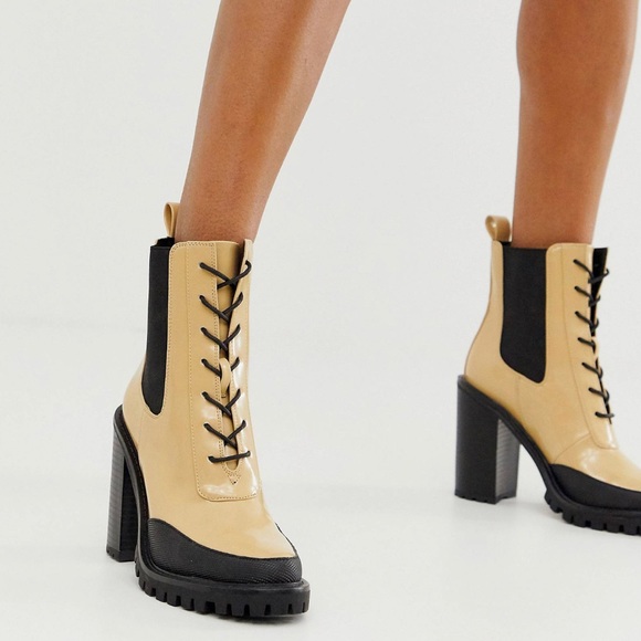 ASOS DESIGN Ellen chunky lace up boots in beige - Picture 4 of 8